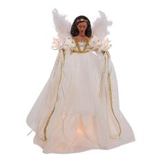 an angel figurine with white wings and gold trimmings on it's body