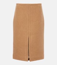 Wool midi skirt in beige - Dries Van Noten | Mytheresa Chic Wool Midi Skirt, Beige Wool Skirt For Workwear, Beige Wool Skirt For Work, Elegant Brown Midi-length Skirt, Elegant Brown Midi Skirt, Elegant Brown Midi Length Skirt, Classic Brown Wool Skirt, Winter Beige Pencil Skirt, Fall Beige Knee-length Pencil Skirt