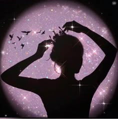 the silhouette of a woman holding her hair in front of a purple background with stars