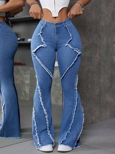 SHEIN ICON Women Fashion Mottled Washed Denim Patchwork Flared Jeans With Frayed Hem | SHEIN USA Jeans Trousers Women, Stylish Outfits Casual, Stylish Hoodies, Stylish Summer Outfits, Trendy Outfits For Teens, African Clothing Styles