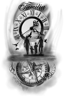 a drawing of a family standing in front of a large clock with the words families on it