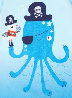 a blue shirt with an octopus and pirate on it