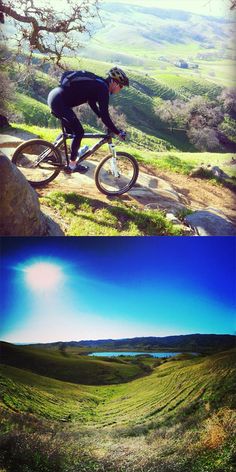 two different views of a man riding a bike on the side of a hill with grass and trees