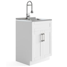 Simpli Home Hennessy Contemporary 24 inch Deluxe Laundry Cabinet with Faucet and Stainless Steel Sink in Pure White & Reviews | Wayfair Laundry Cabinet, Laundry Cabinets, Shaker Style Doors, Stainless Steel Sink, Functional Space, Wall Racks, Stainless Steel Sinks