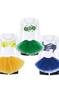 three different colored tutu skirts and one white shirt with green, yellow and blue