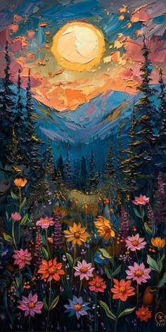 an oil painting of flowers and trees with the sun setting in the sky behind them