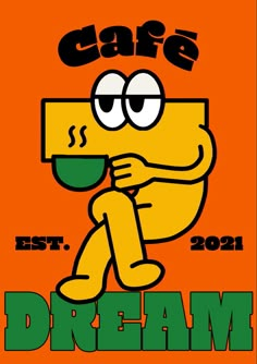 an orange poster with a cartoon character holding a coffee cup and the words cafe on it