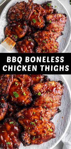 bbq boneless chicken thighs on a white plate