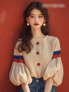 Autumn Chic, Simple Style Outfits, Solid Color Outfits, Lantern Sleeved Blouses, Sleeves Clothing, Spring Shirts, Fashion Design Clothes, Women Shirt, Korean Outfits