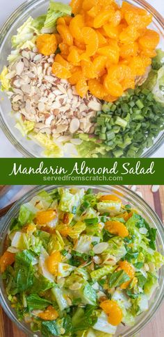 a picture of a bowl of salad with mandarins, almonds, and green onions, Pinterest pin text, and then it all mixed together in a bowl. Recipes With Mandarin Oranges, Awesome Salads, Mandarine Recipes, Mandarin Salad, Salad To Go, Veggie Salads, Almond Salad, Mandarin Orange Salad, Refreshing Salads