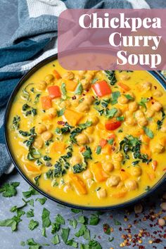 chickpea curry soup in a blue bowl