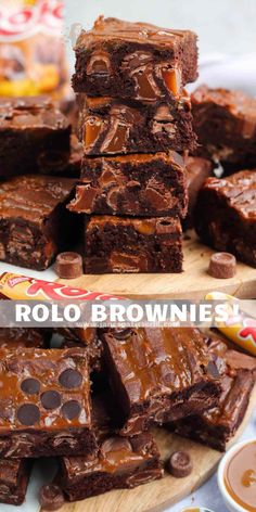 chocolate brownies stacked on top of each other with the words rollo brownies above them