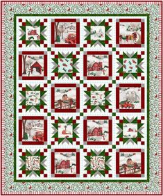 a christmas quilt with red and green trimmings on the border, featuring farm scenes