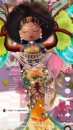 an animated image of a woman in a dress with beads on her head and hands behind her back