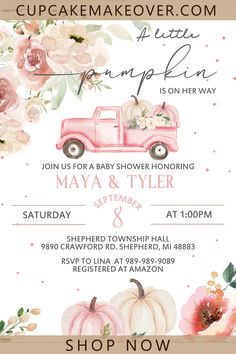 a pink truck with flowers and pumpkins is on the front of this baby shower card