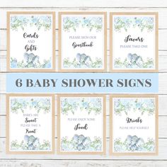 six baby shower signs with elephants on them