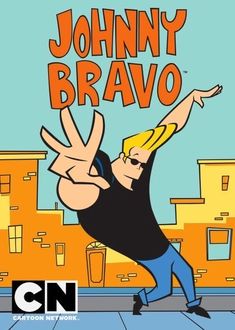 the cartoon character johnny bravo is dancing in front of a cityscape with buildings