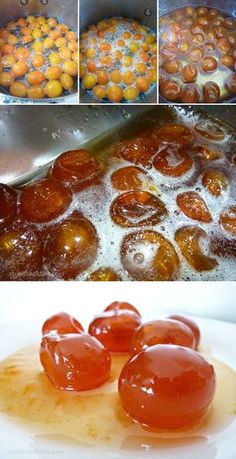 tomatoes being cooked and fried in oil on a stove top with other pictures showing how to cook them