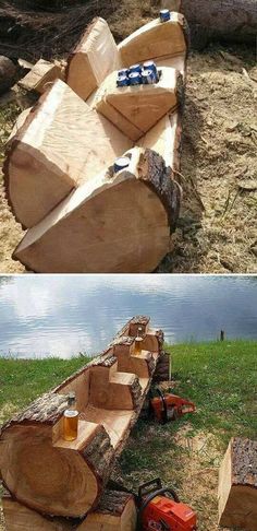 two pictures of wood that have been cut into pieces and are being used to make a boat