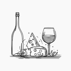 a black and white drawing of cheese, wine bottle and glass on a table top