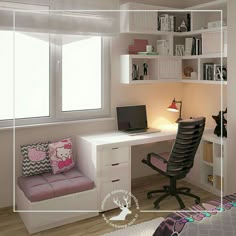 a room with a desk, chair and bookshelf