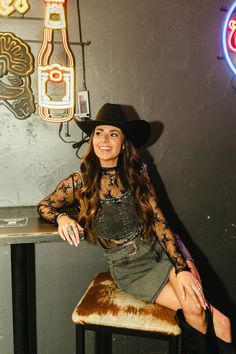 Sheer Top And Dress Outfit, Denim And Turquoise Outfit, Western Rock And Roll Outfits, Pool Hall Outfit, Lace Country Outfit, Western Night Outfit, Country Rockstar Outfit, Black And Red Western Outfit, Pop Country Concert Outfit