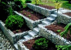 an outdoor garden with stone steps and landscaping