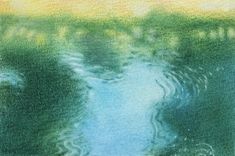 an abstract painting with water and trees in the background