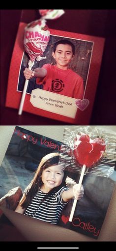 valentine's day card with a heart shaped lollipop in the middle and an image of a boy holding a lollipop