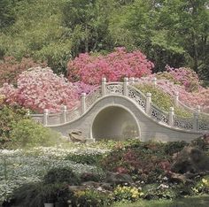 a stone bridge surrounded by flowers and trees