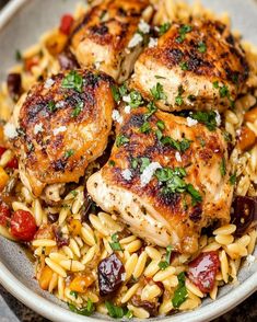 chicken and pasta dish in a white bowl