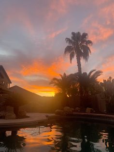 the sun is setting behind a palm tree near a swimming pool with water in it