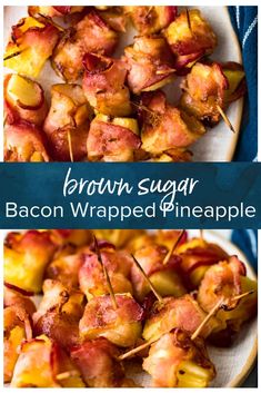 bacon wrapped pineapple skewers on a plate