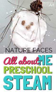 an image of a snowman made out of marshmallows with the words nature faces all about me preschool steam