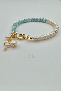 Half and Half Freshwater Pearl Larimar Bracelet |  Natural Larimar Bracelet | Larimar and Pearl Bracelet  Half and half pearl bracelet is made of freshwater button pearls and larimar gemstones  14K Gold Filled spring ring and tiny beads  Bracelets measures approximately 18 cm but can be made to a different size upon request *Comes gift wrapped ready to give or to keep* Pearl And Bead Bracelet, Pearl Bracelet Ideas, Tiny Bead Bracelet, Handmade Pearl Jewelry, Larimar Bracelet, Pearl Jewelry Design, Tiny Beads, Bracelet Pearl, Beads Bracelets