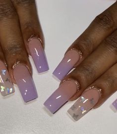 Lavender Overlay Nails, Light Purple And Silver Nails Acrylic, Ombre Purple Nail Designs, Ombre Lavender Nails, Dark Lavender Nails, Purple Ombre Acrylic Nails, Purple And Brown Nails, Purple Acrylic Nails Almond, Light Purple Ombre Nails