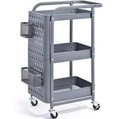 a gray trolley with three baskets on the front and two shelves in the back, sitting against a white background