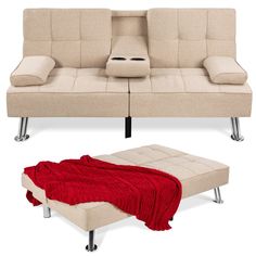 a couch and footstool are shown in two different colors