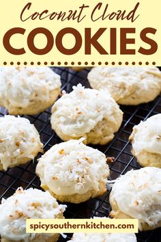 coconut cloud cookies on a cooling rack with text overlay