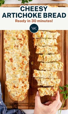 cheesy artichoke bread on a cutting board with the title overlay