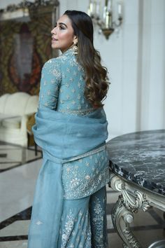 Buy Sana Barreja Blue Net Shahana Embroidered Jacket Gharara Set Online | Aza Fashions Indo Western Dress Party Wear, Eid Outfit Ideas, Paisley Motifs, Latest Bridal Dresses, Beautiful Pakistani Dresses, Dress Design Patterns, Beautiful Suit