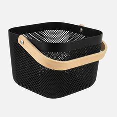 a black basket with wooden handles and mesh linings on the bottom, in front of a white background