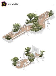 two renderings of people walking and sitting at tables in an open air area with trees