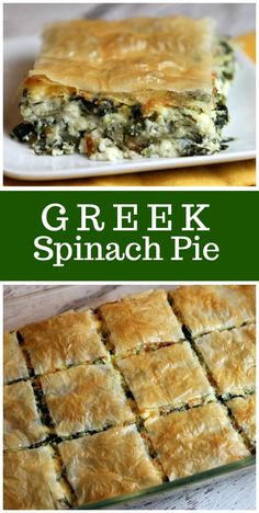 greek spinach pie on a white plate with text overlay that reads, greek spinach pie