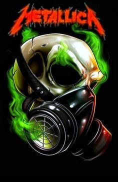 a skull wearing a gas mask with green flames on it's face and the words metallic