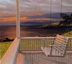 a painting of a porch swing with the ocean in the backgroung and sunset