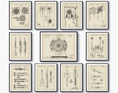 nine framed drawings of different types of machines and parts from the early 1900's