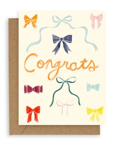 congratulations card with colorful bows and the word congrats on it's front