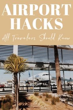 airport hacks all travelers should know cover image with palm trees and an airplane in the background