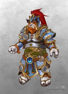 an animated character in armor with red hair and beards, standing on one leg